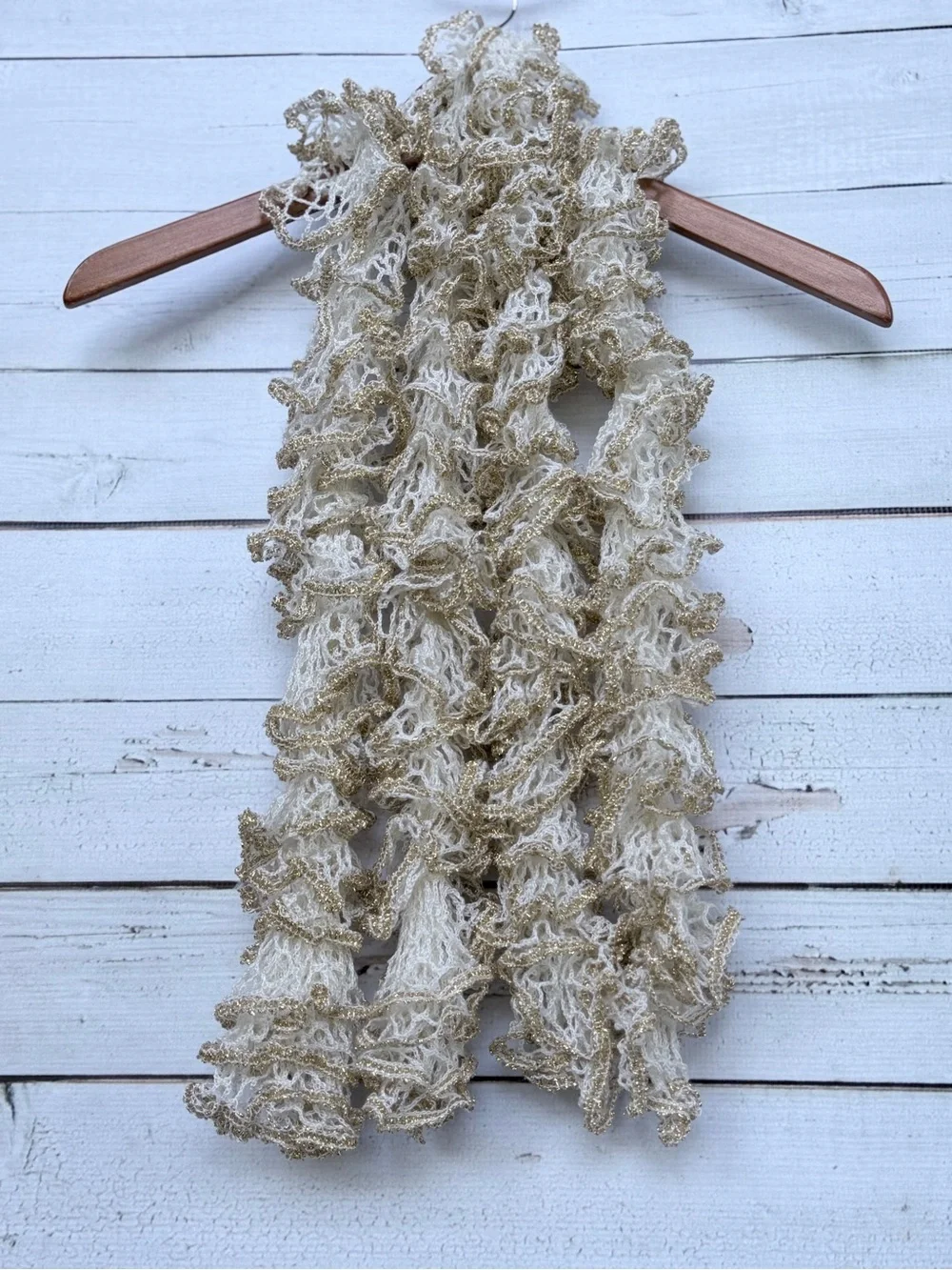 Ruffled Crochet Scarf in Cream with Gold Accent